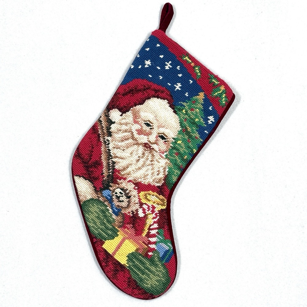 Vintage‎ Christmas Stocking Needlepoint by Hand Wool Velvet Santa Claus Presents